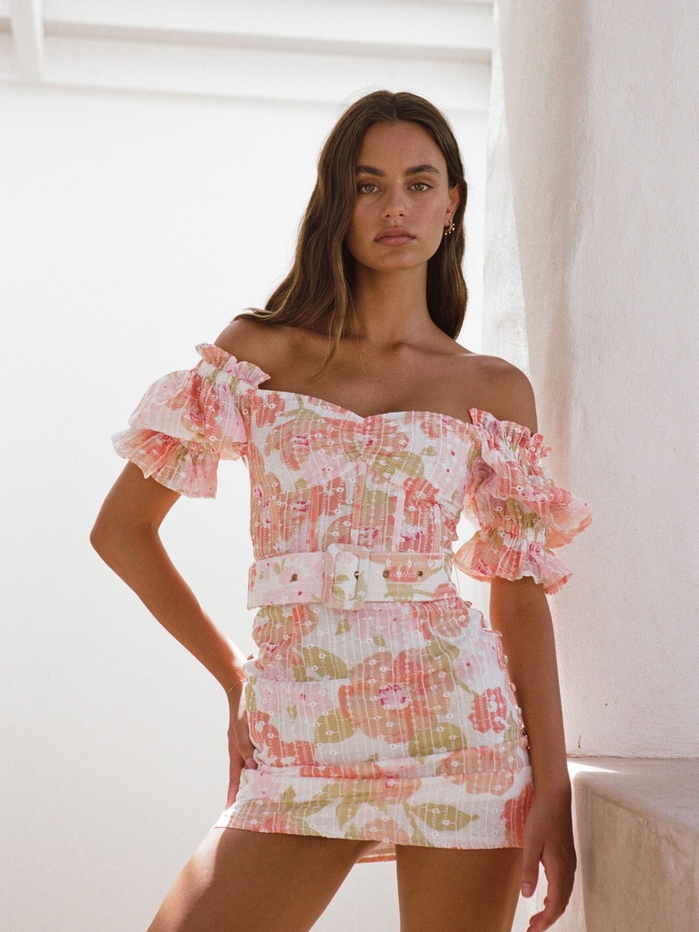 Sabo Skirt Genevive Corset Dress Pink Floral Ruffled Mini with Belt